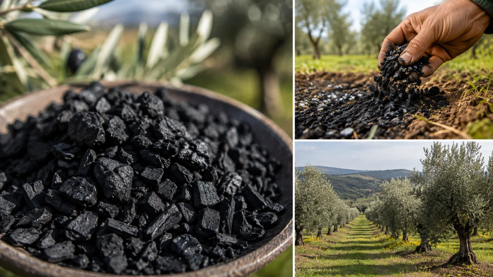 Biochar granules being applied to soil in an olive grove