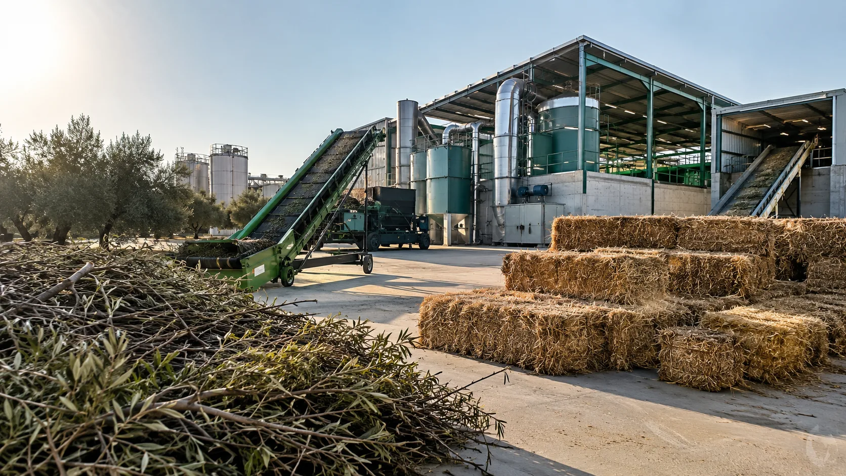 Olive pruning residues and straw bales beside a modern biomass processing facility