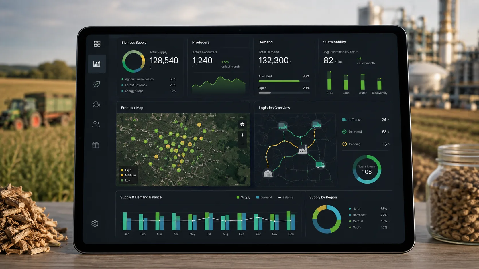 Tablet showing a biomass supply, demand and logistics decision-support dashboard in an agricultural setting