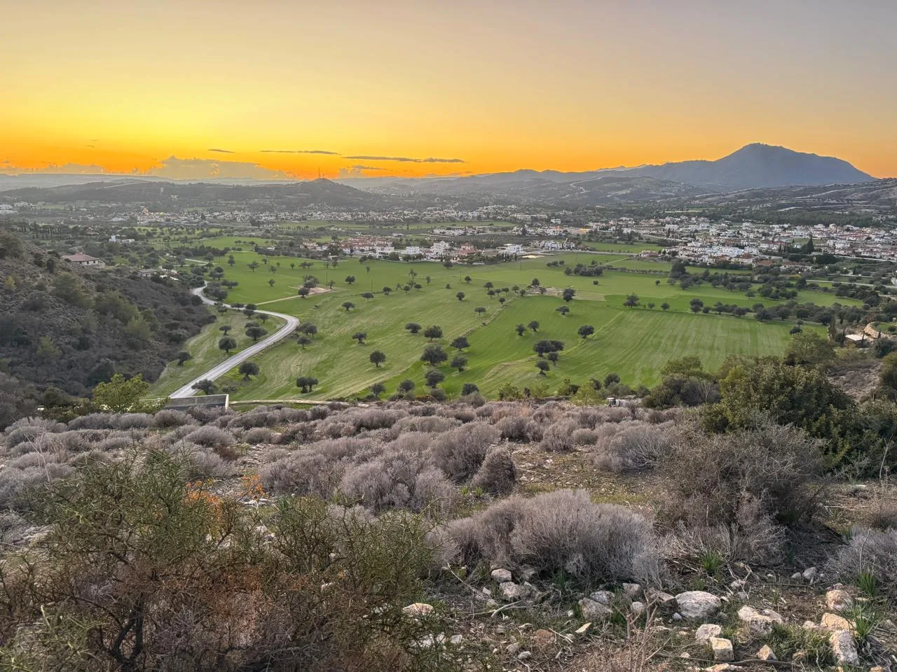 Cypriot valley at sunset with green fields, scattered olive and carob trees, villages and mountains beyond