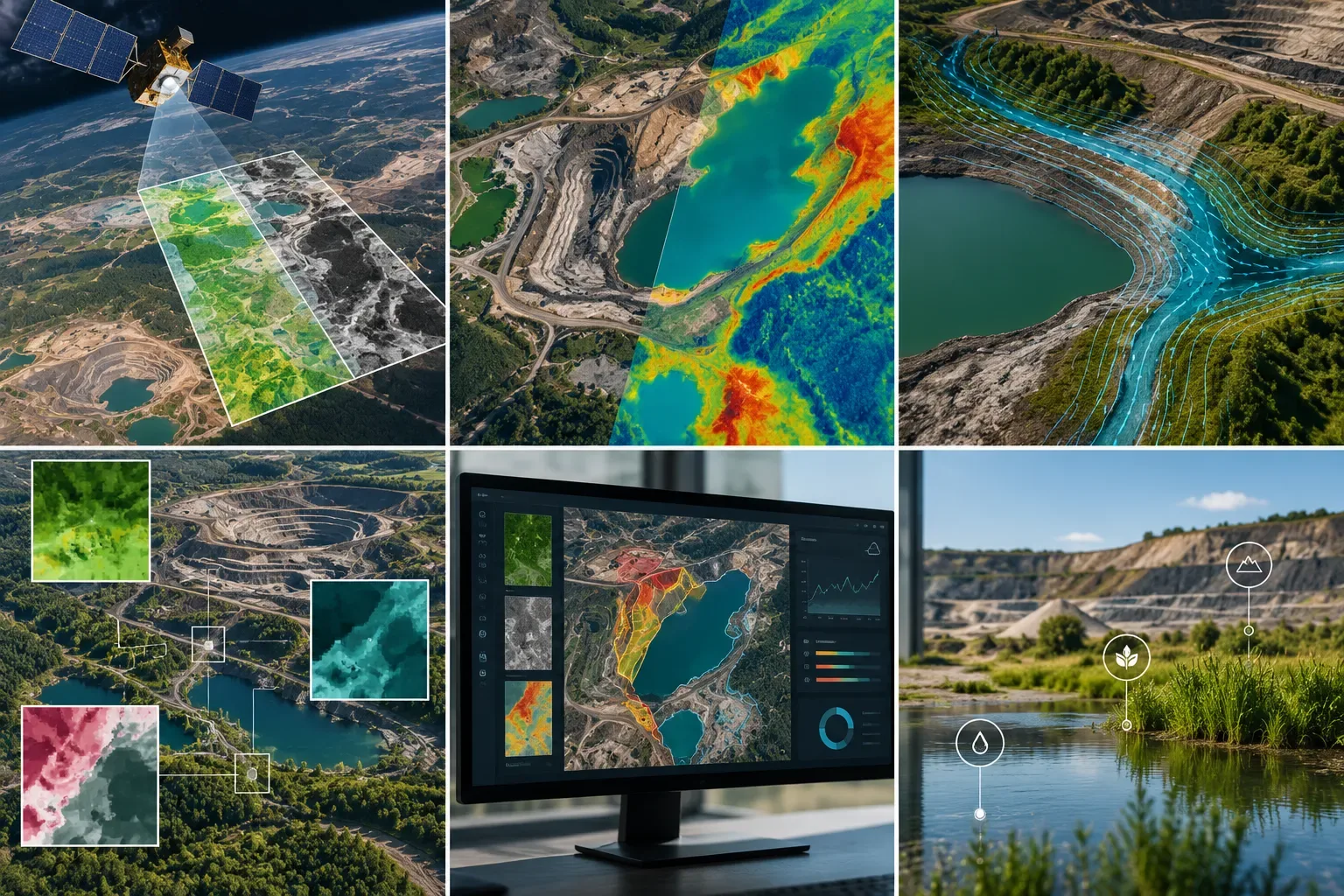 Six views of earth observation in use: a satellite imaging a landscape, thermal and water-flow maps of a quarry site, multi-layer analysis, a monitoring dashboard and field indicators at a restored wetland