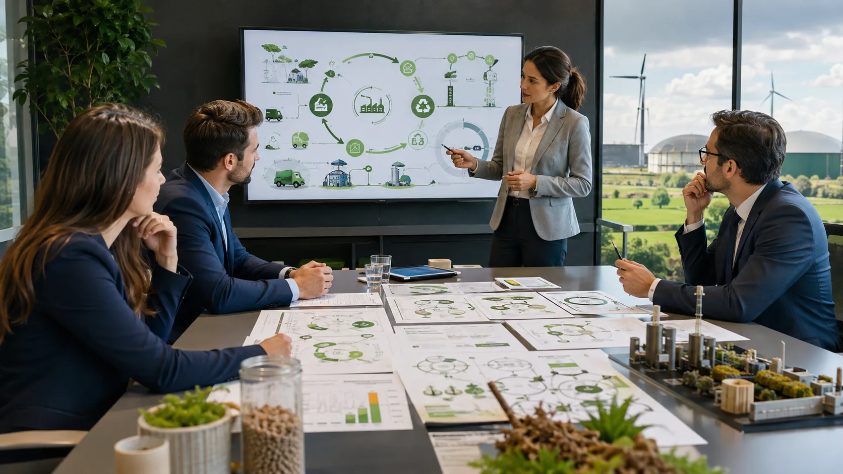 Strategy and investment team analysing circular value-chain diagrams and techno-economic models