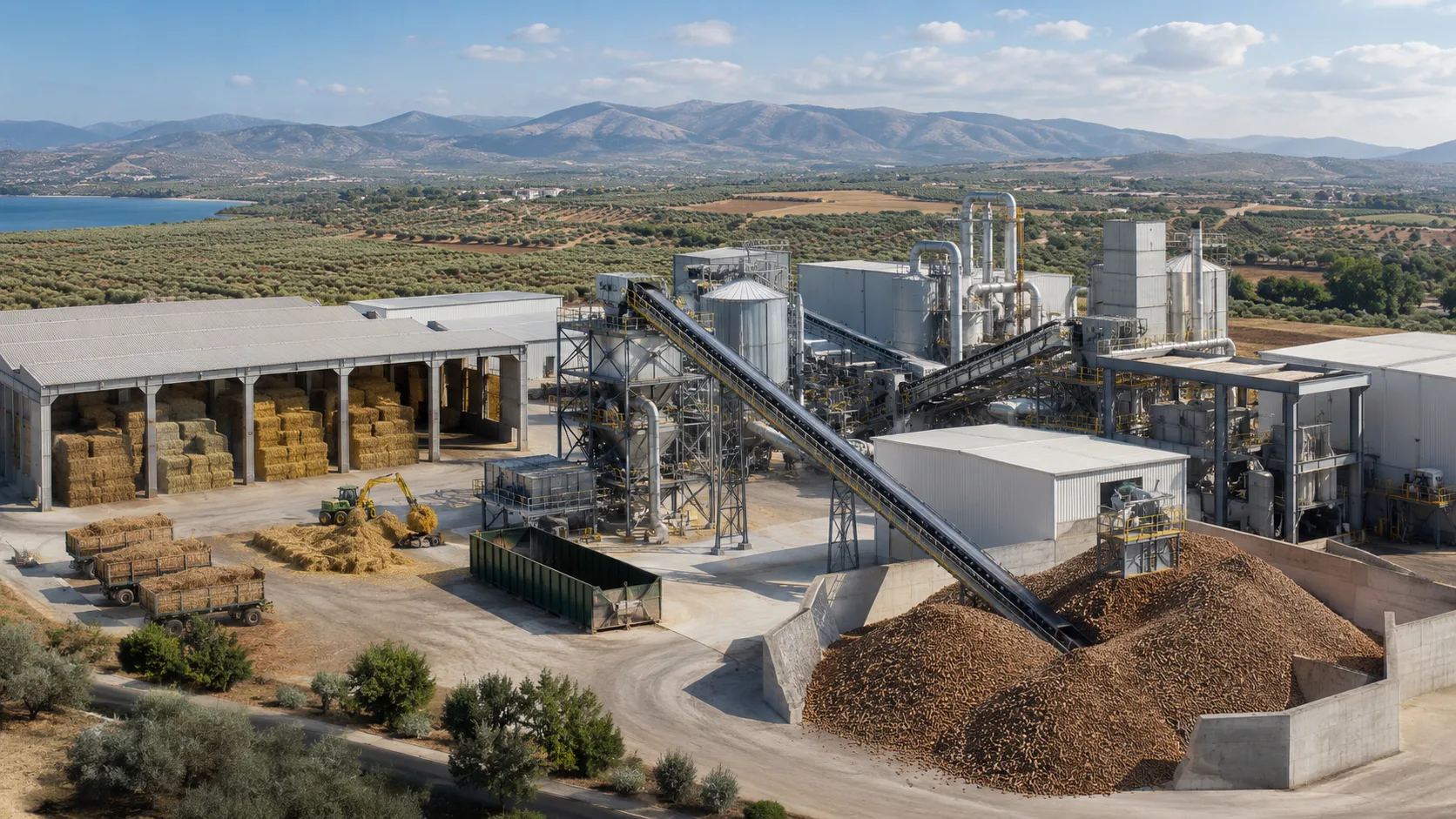 Aerial view of a regional biomass processing hub with straw storage, conveyors and pellet production